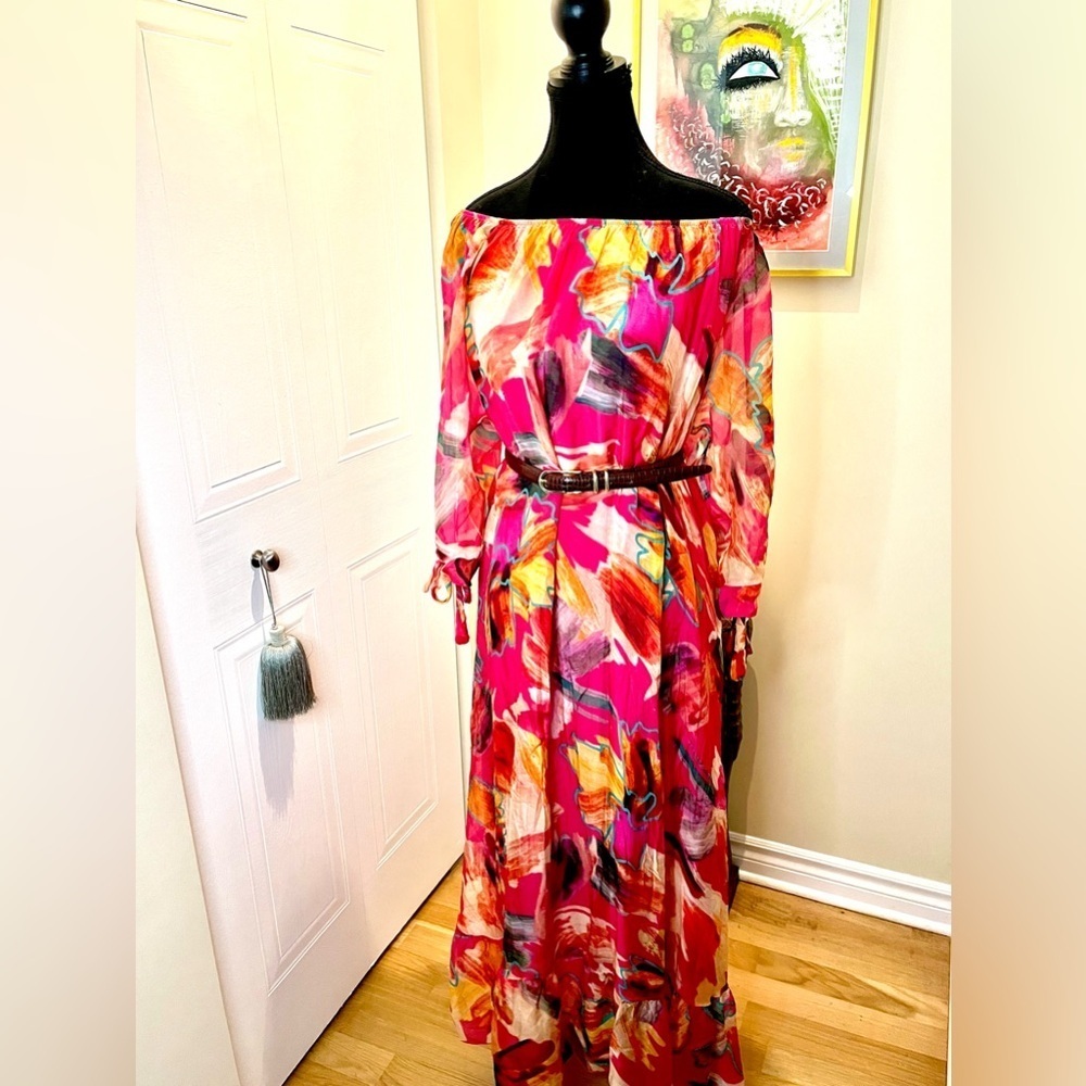 HF Moda Italia Floral Maxi Dress,Multicolour,Off Shoulder,Tie Sleeves ๐ธ๐บ๐ผ - Picture 10 of 16